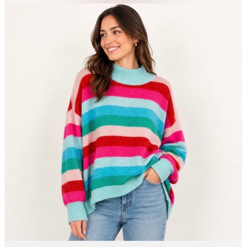 Cabana Crown & Ivy Striped Mock Neck Sweater Oversized Women L Multicolor Soft